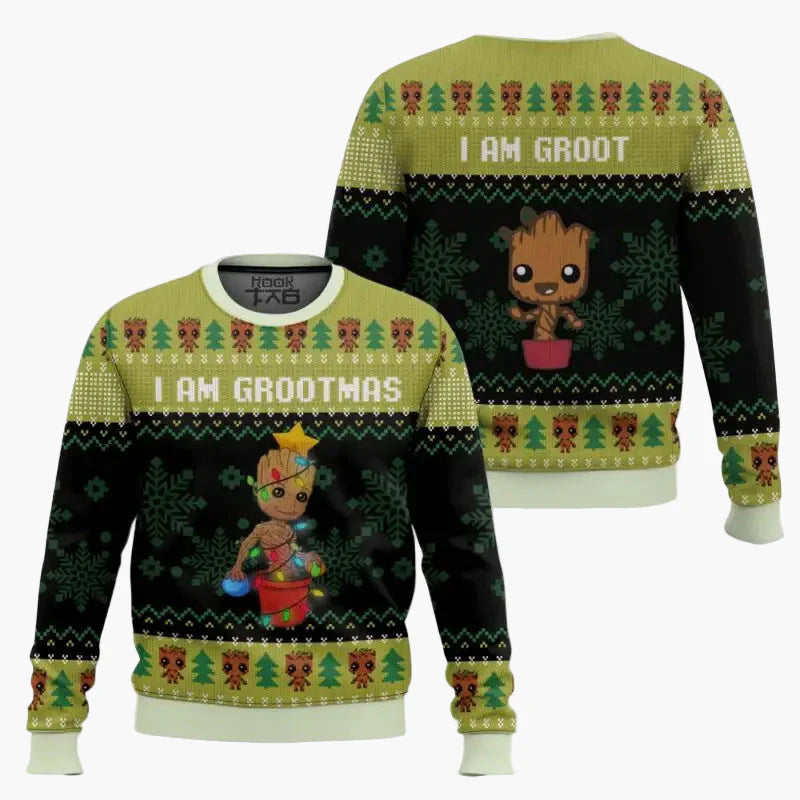 Herren Weihnachts-Sweatshirt Ugly Christmas Pullover "I am Grootmas" mit Baby Groot Motiv – Lustiger Fanartikel für Feiertage