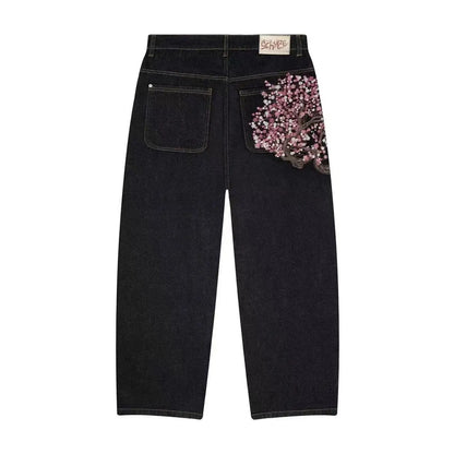 Loose Fit Jeans Damen Weite Bein Sakura-Stickerei Zerrissenes Design