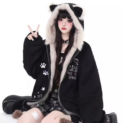 Damen Jacke mit Tierohren Kapuze, Plüschfutter und Stickerei
