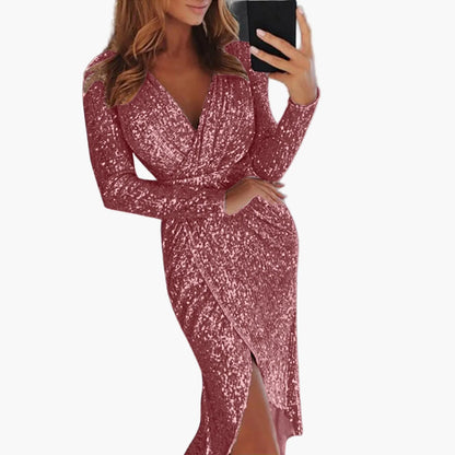 Damen Elegantes Abendkleid mit Pailletten und Tiefem V-Ausschnitt – Langarm Wickelkleid für Party & Nachtclub