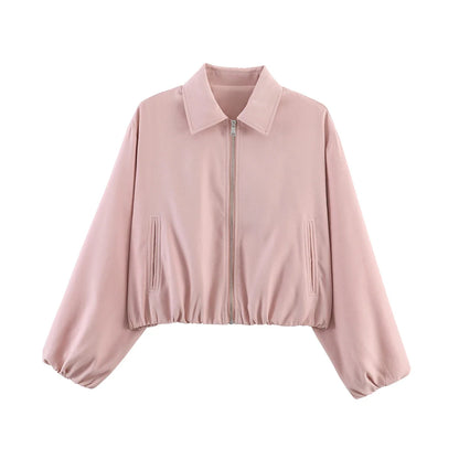 Damen Cropped Jacke Reißverschluss Stehkragen Langarm