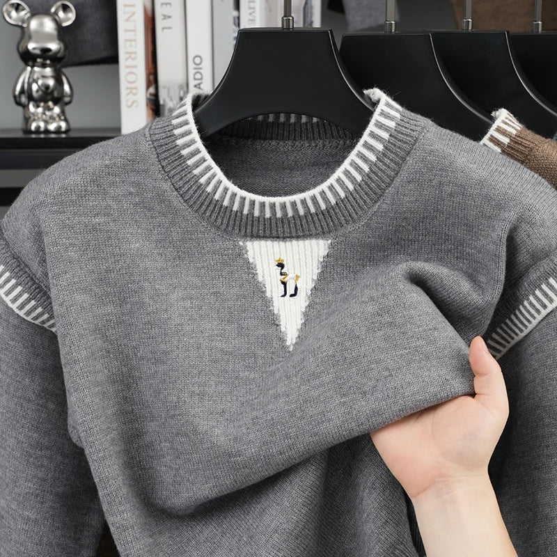 Herren Pullover Strick Rundhals Stickerei Grau Weiß Muster