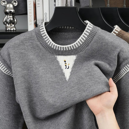 Herren Pullover Strick Rundhals Stickerei Grau Weiß Muster