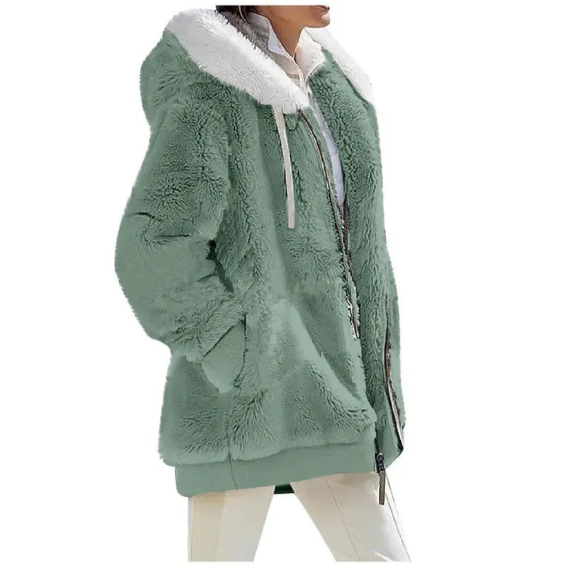 Damen Flauschige Kapuzenjacke mit Reißverschluss und Bauchtaschen