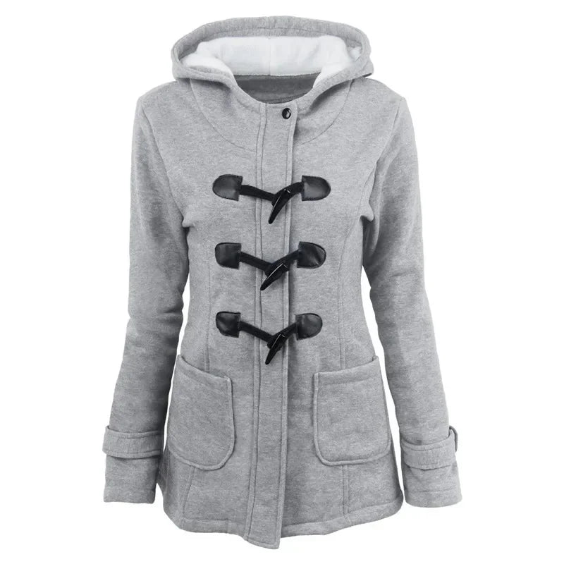 Damen Dufflecoat Jacke mit Kapuze und Knebelverschlüssen, warm gefüttert