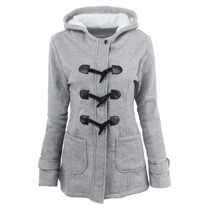 Damen Dufflecoat Jacke mit Kapuze und Knebelverschlüssen, warm gefüttert