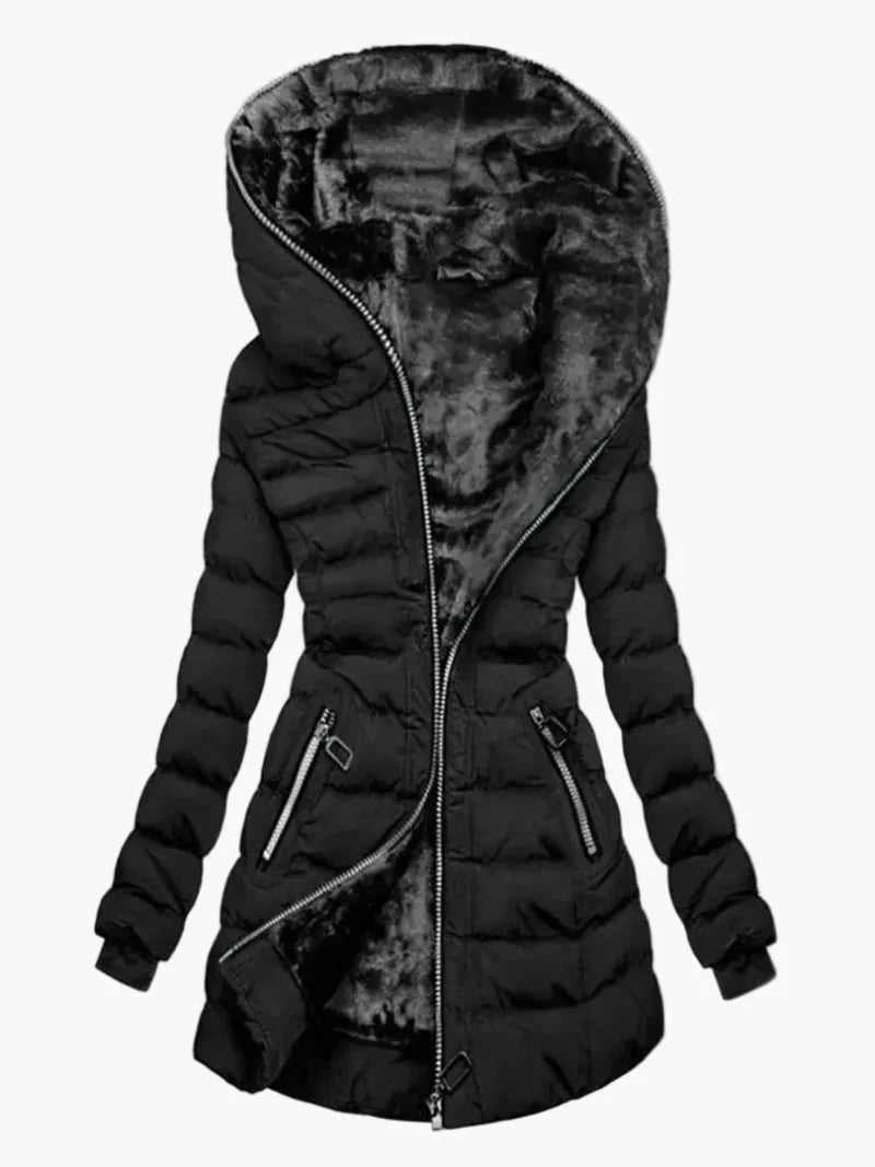 Damen Winter Steppmantel mit Kapuze und Fleecefutter – Modischer Outdoor-Parka für kalte Tage