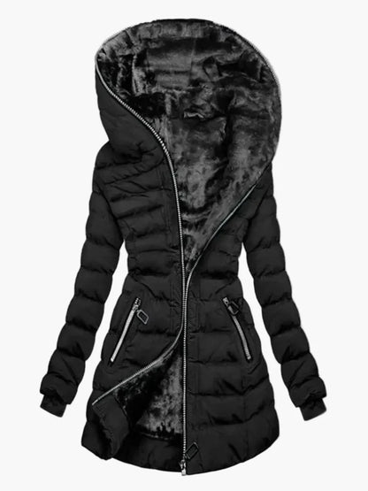 Damen Winter Steppmantel mit Kapuze und Fleecefutter – Modischer Outdoor-Parka für kalte Tage