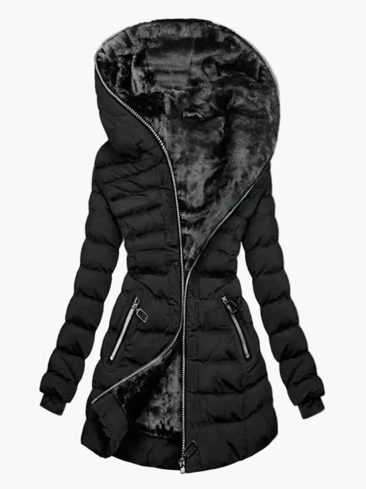 Damen Winter Steppmantel mit Kapuze und Fleecefutter – Modischer Outdoor-Parka für kalte Tage