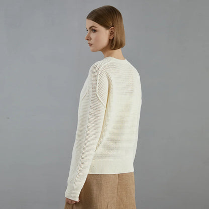 Damen Grobstrick Pullover Rundhals Langarm Weiß