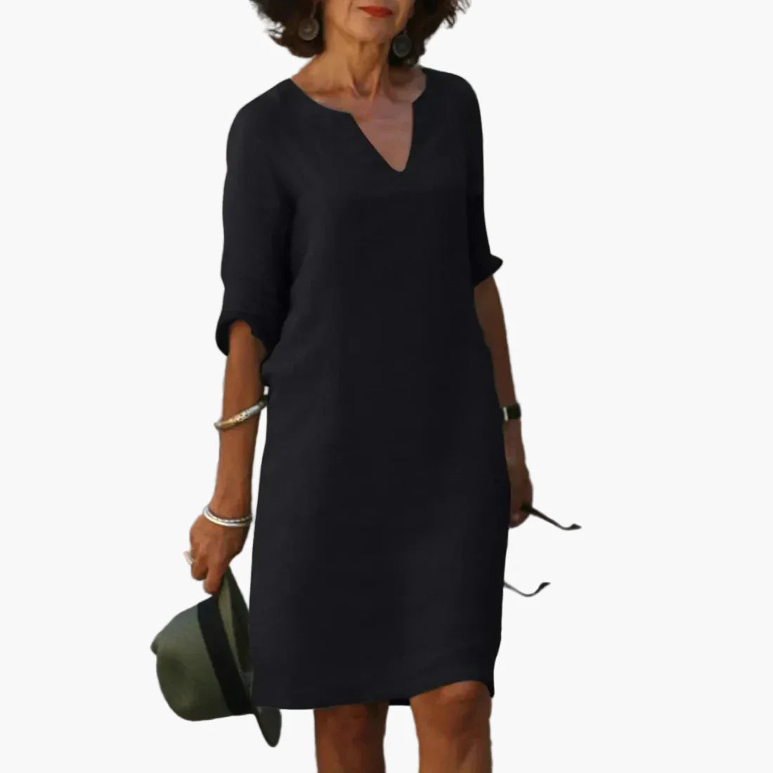 Damen Kleid mit V-Ausschnitt und 3/4-Ärmeln – Eleganter Freizeit- und Büro-Look