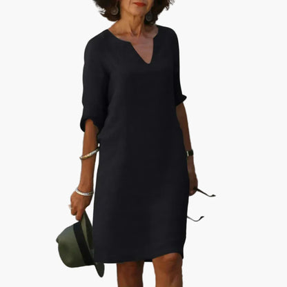 Damen Kleid mit V-Ausschnitt und 3/4-Ärmeln – Eleganter Freizeit- und Büro-Look