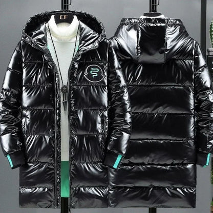 Unisex Langer Steppmantel Glänzend mit Kapuze