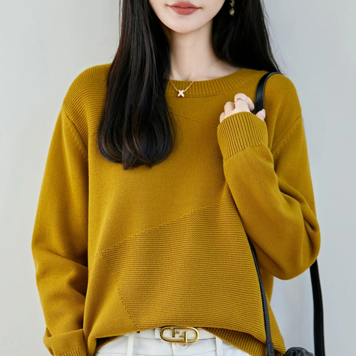 Damen Pullover Rundhals Langarm Strickpullover mit Textur