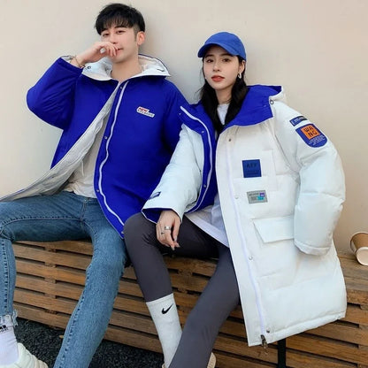 Unisex Winter Steppjacke mit Kapuze, lange Winterjacke Schwarz Blau Weiß