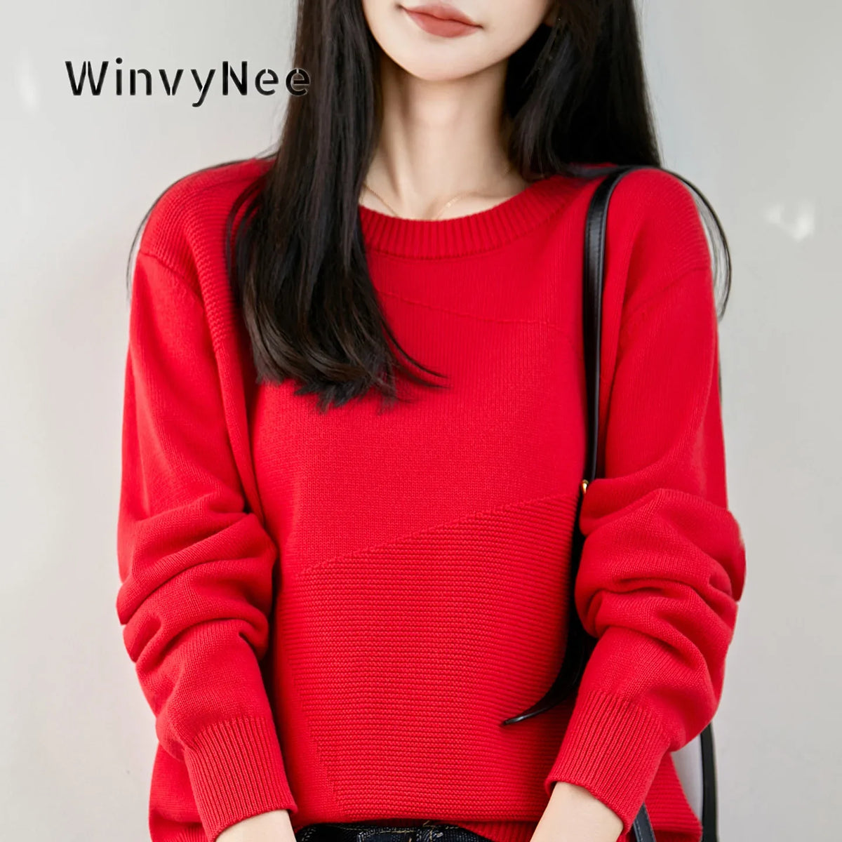 Damen Pullover Rundhals Langarm Strickpullover mit Textur