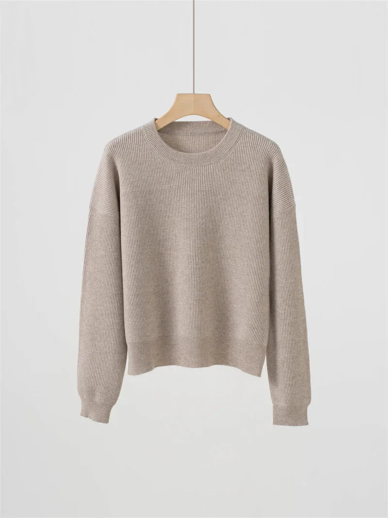 Damen Rundhals Pullover Strickpullover Gerippt Langarm Basic Oberteil