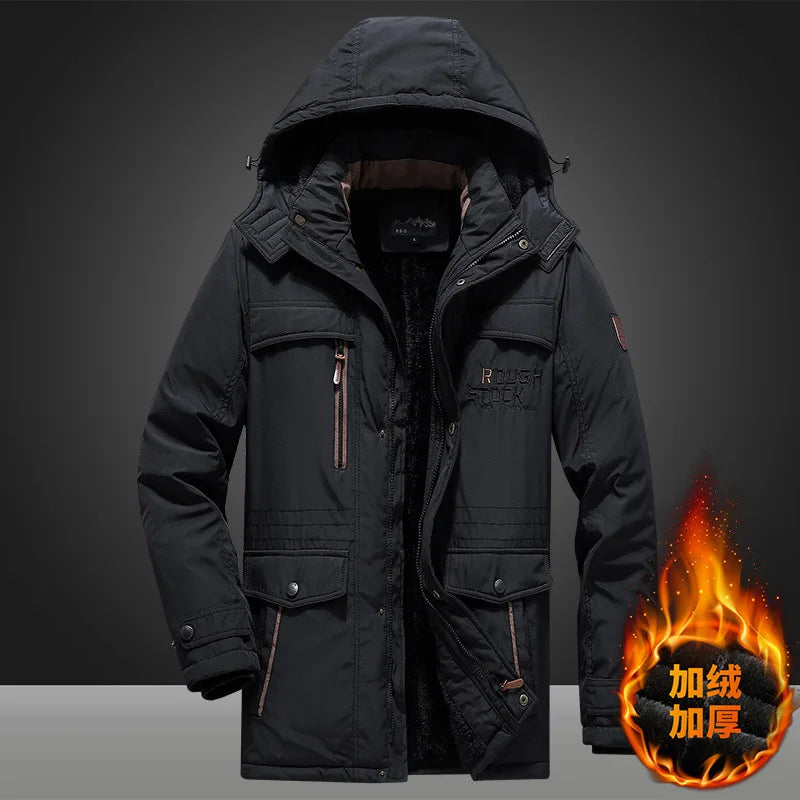 Herren Winterjacke mit Kapuze Gefütterter Parka Warm Schwarz