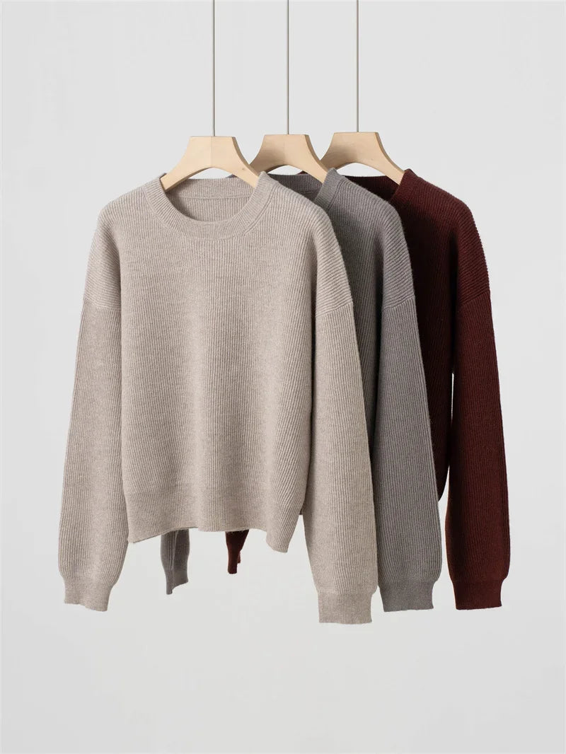 Damen Rundhals Pullover Strickpullover Gerippt Langarm Basic Oberteil