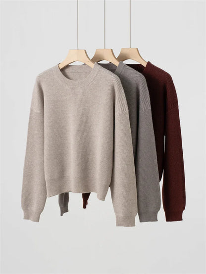 Damen Rundhals Pullover Strickpullover Gerippt Langarm Basic Oberteil