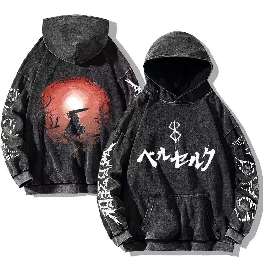 Oversized Kapuzenpullover Dunkelgrau mit Front- und Rückenprint und Ärmelprints