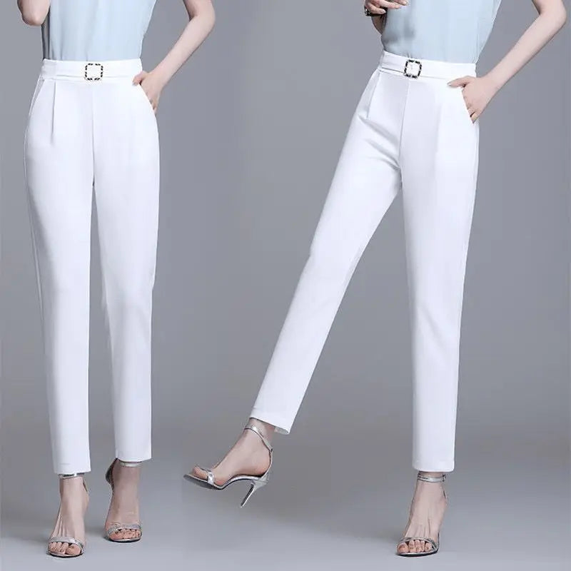 Damen Stoffhose Weiß mit Zierschnalle Hochwasser Slim Fit