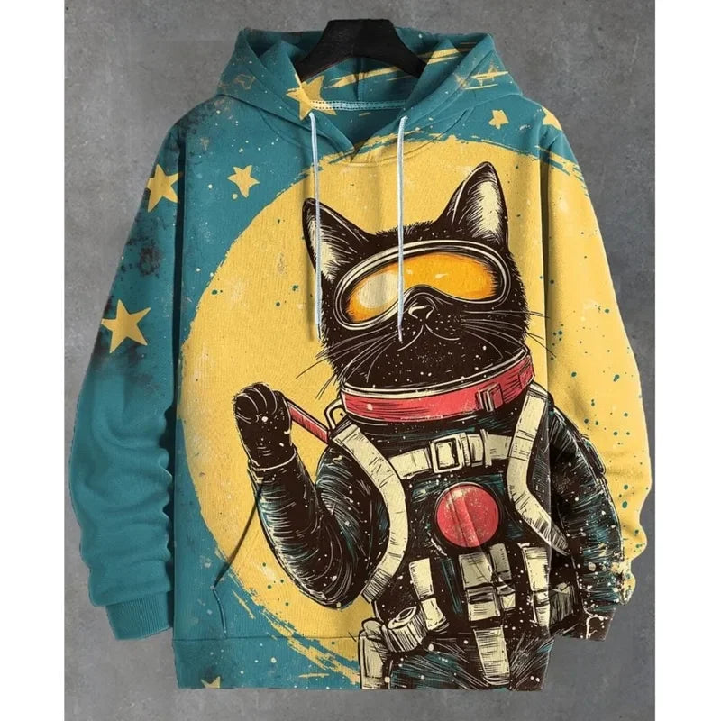 Hoodie mit Katzen-Print Kampfkunst-Motiv Beige Unisex Kapuzenpullover Kängurutasche