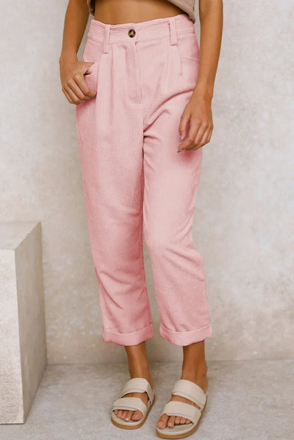 Damen Cordhose Plissee High Waist Cropped-Hose mit Falten