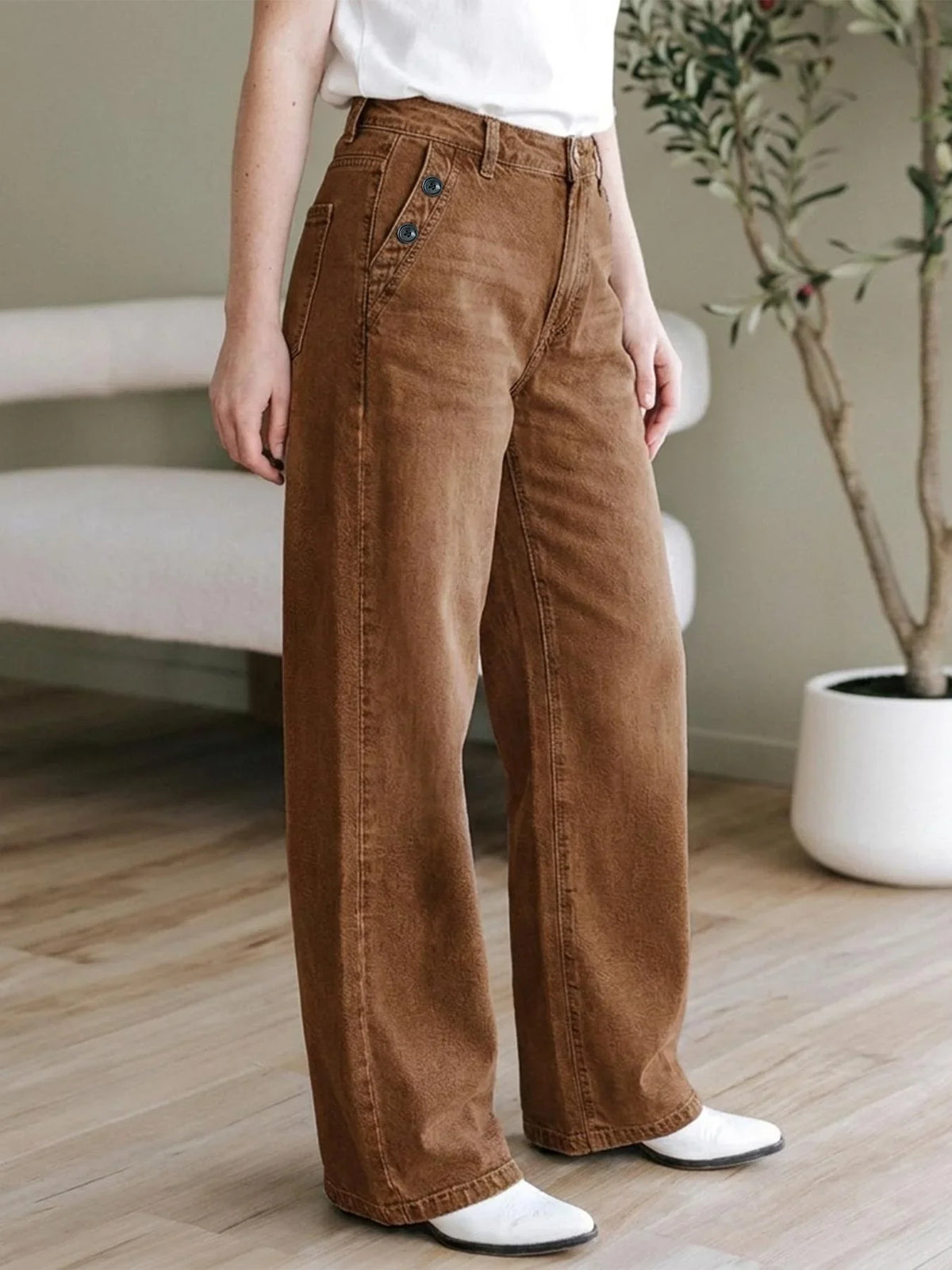 Damen Wide Leg Hose Braun mit hoher Taille und Knöpfen