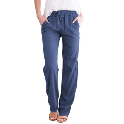 Damen Freizeithose mit weitem Bein und Kordelzug, Leinen-Look, Elastischer Bund