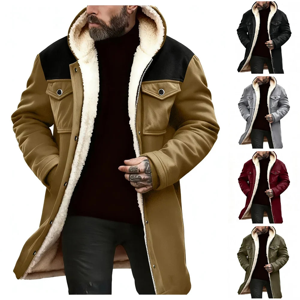 Herren Winterjacke mit Kapuze und Teddyfutter, lang, warm, Schwarz