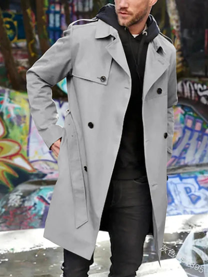 Herren Trenchcoat Doppelreihig Revers Langarm Gürtel Knöpfe