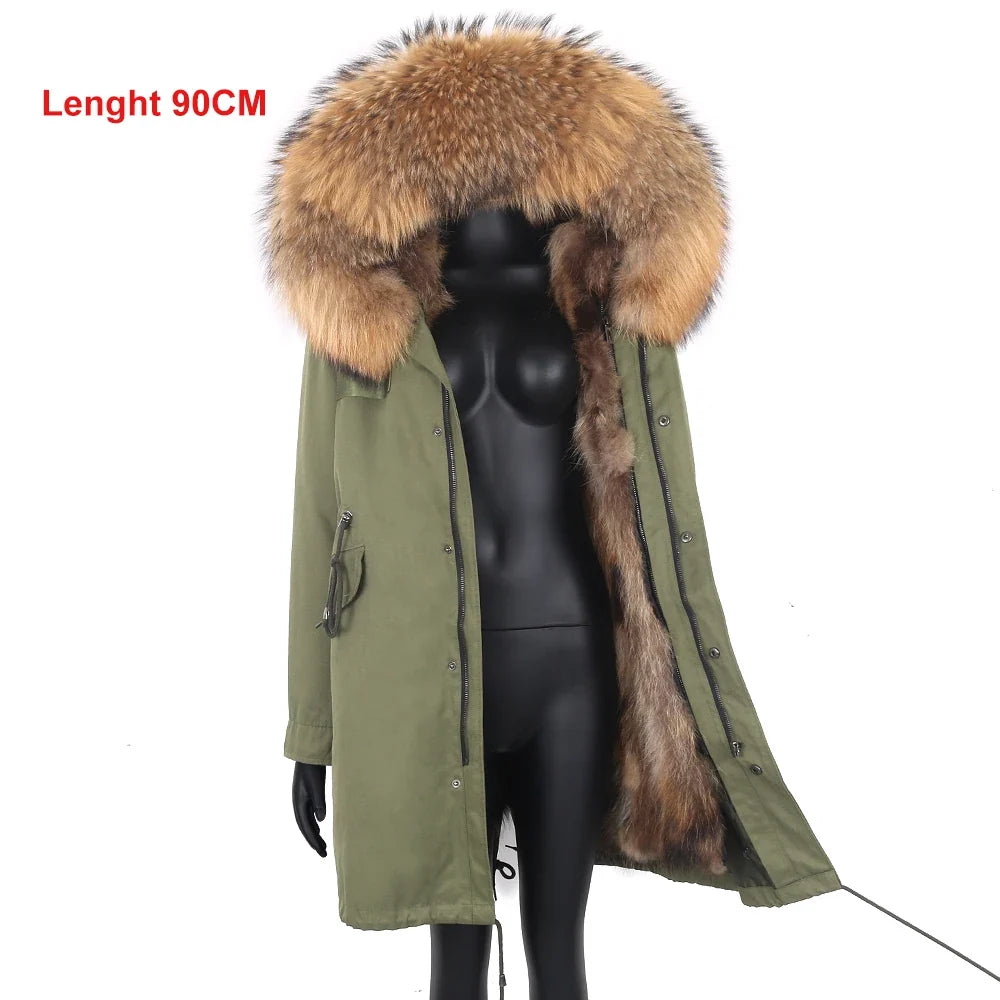 Damen Winterparka Schwarz mit Pelzbesatz Kapuze Lang