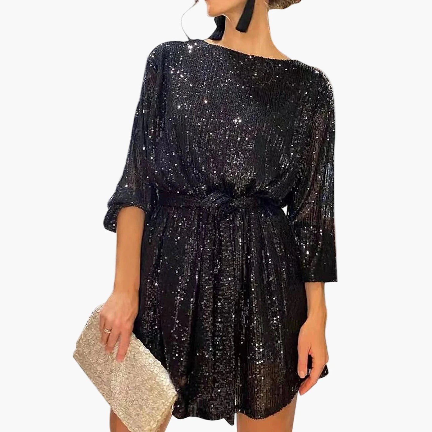 Damen Pailletten Minikleid mit Gürtel – Elegantes Party- und Cocktailkleid
