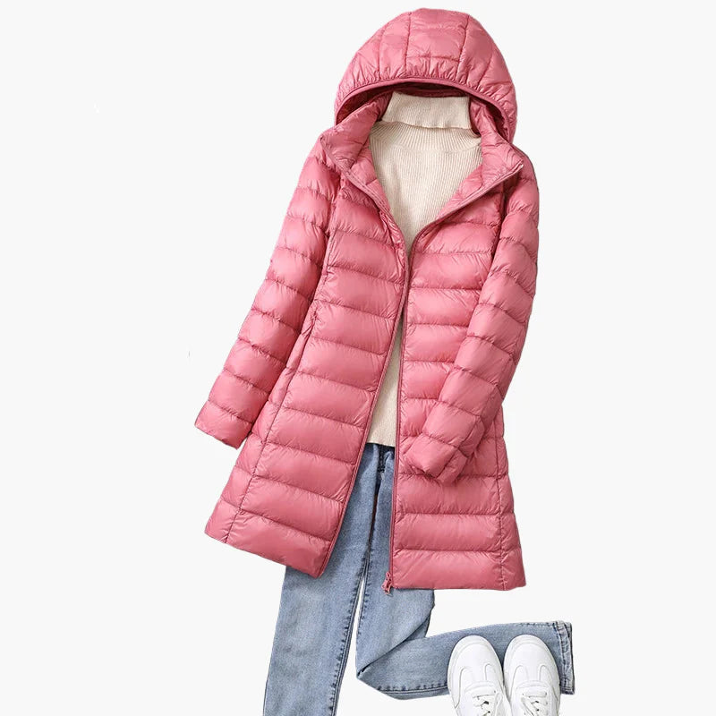 Damen Winter Steppmantel mit Kapuze – Leichter, langer Daunenmantel für Alltag & Outdoor