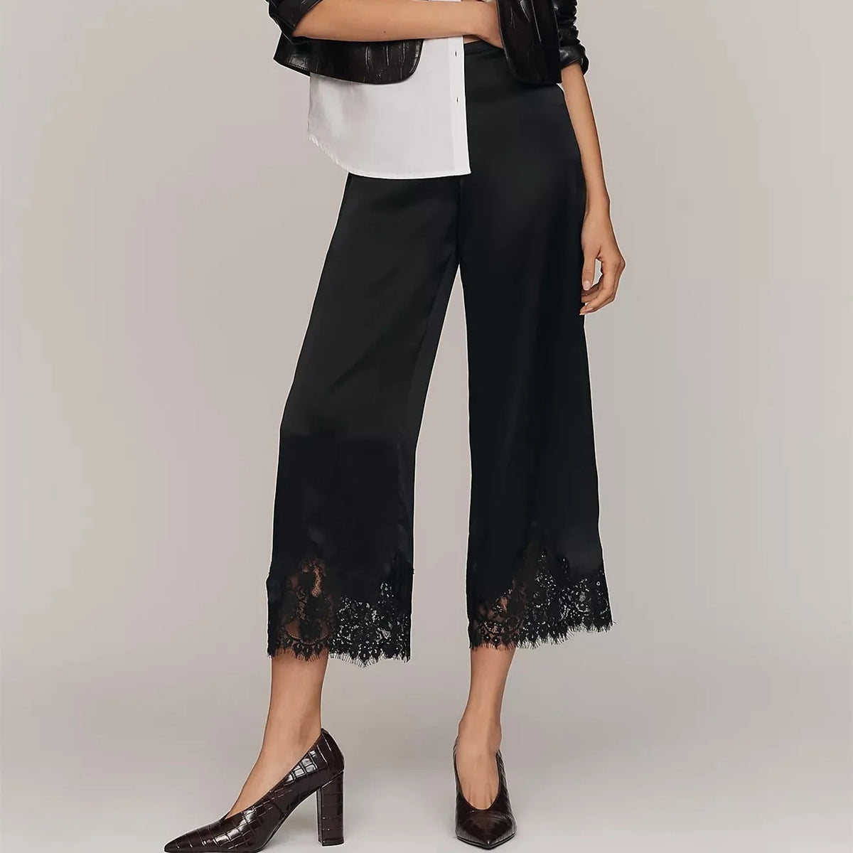 Damen Culotte Hose mit Spitze – Weites Bein, Halbhoch