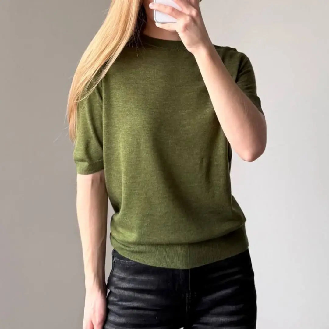 Damen Kurzarm Strickpullover Rundhals Weicher Feinstrick
