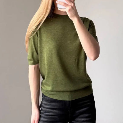 Damen Kurzarm Strickpullover Rundhals Weicher Feinstrick