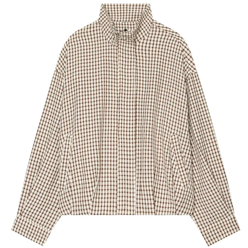 Damen Karo Hemd Stehkragen Oversize Bluse Lange Ärmel
