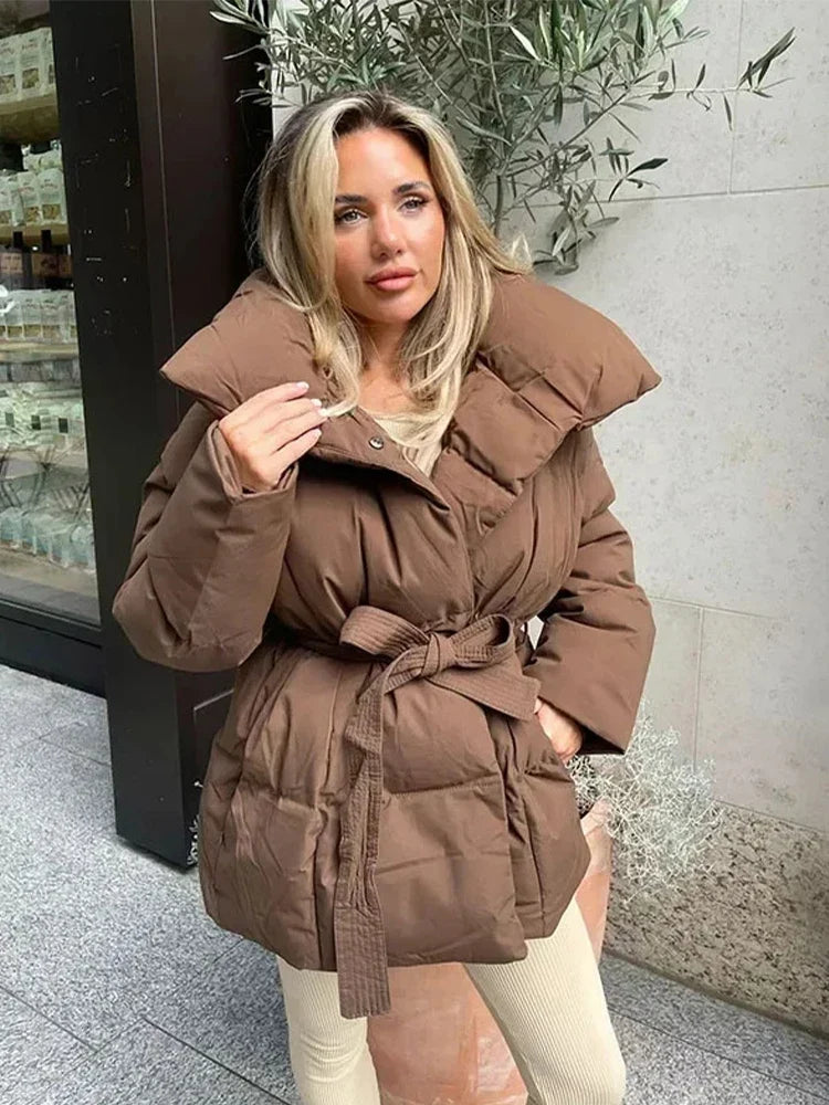 Damen Pufferjacke Stehkragen Gürtel Winterjacke