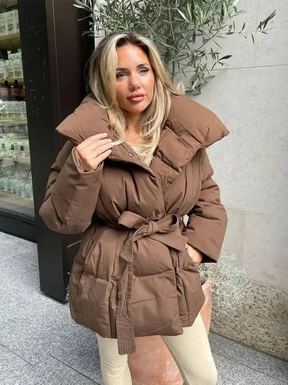 Damen Pufferjacke Stehkragen Gürtel Winterjacke