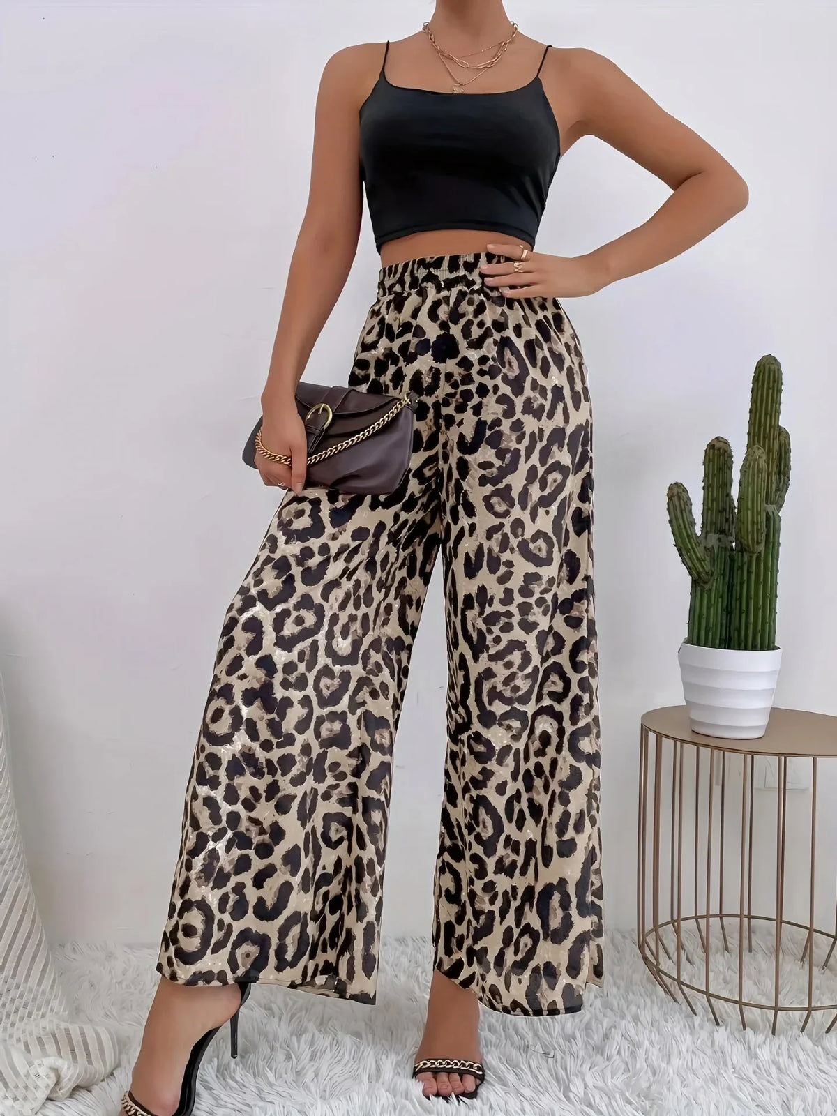 Damen Palazzo Hose Leo-Print Weites Bein