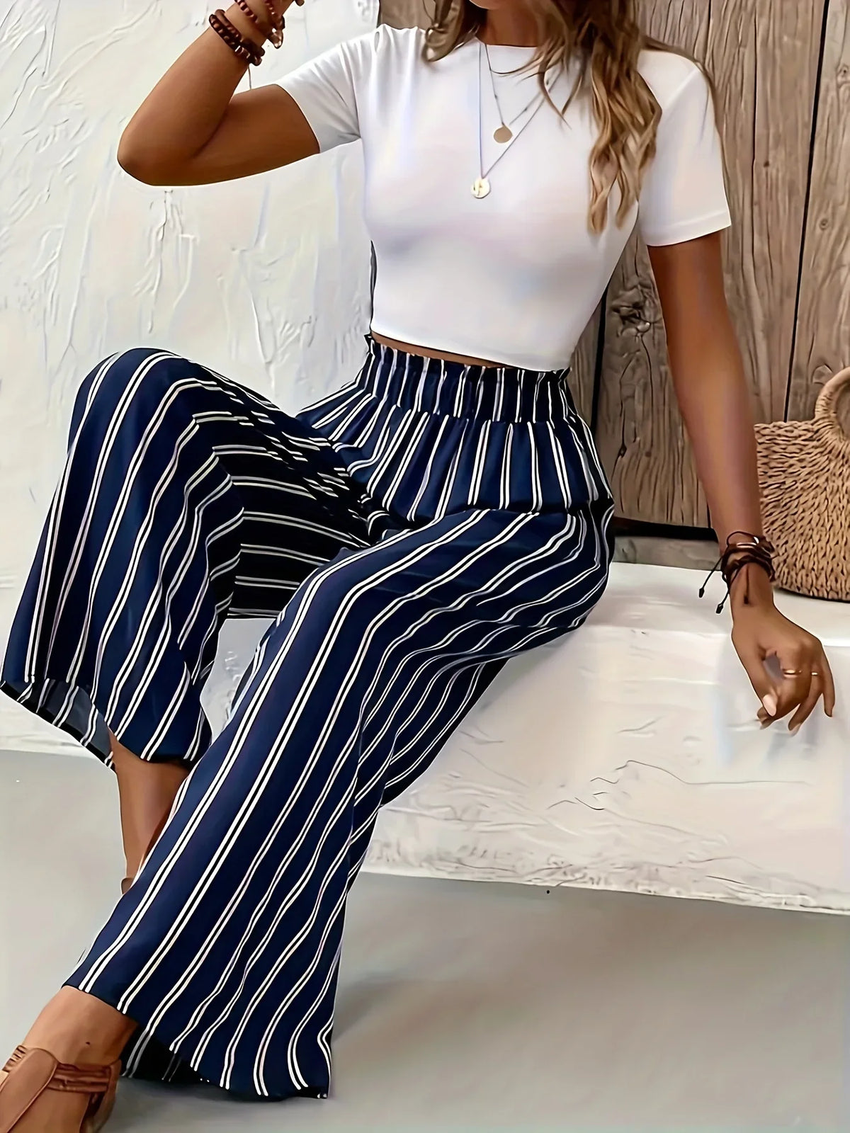 Damen Culotte Hose gestreift mit weitem Bein und Gummizugbund