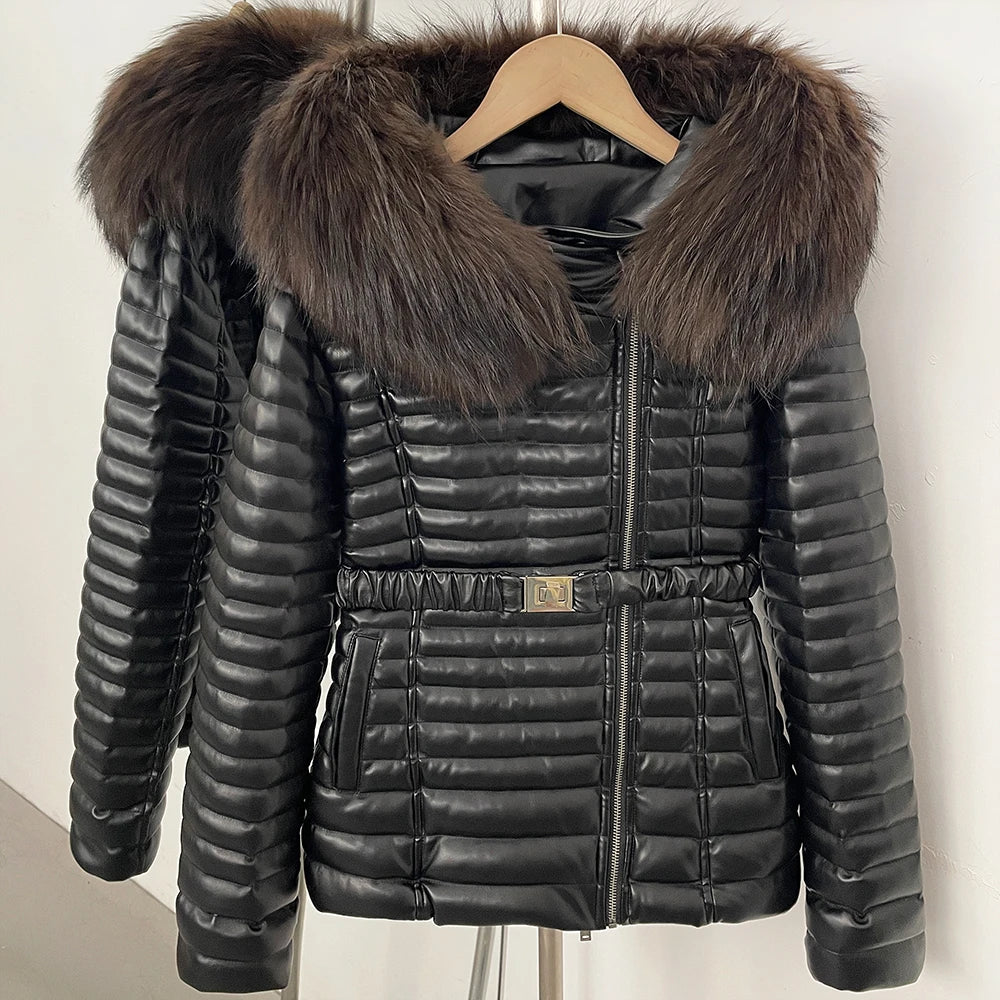Damen Steppjacke Schwarz mit Pelzkragen & Gürtel, winterliche Outdoor-Jacke mit Reißverschluss