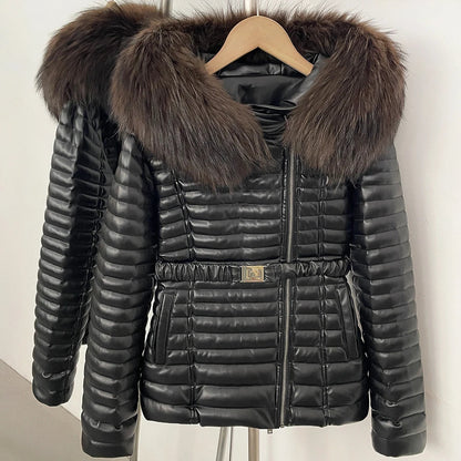 Damen Steppjacke Schwarz mit Pelzkragen & Gürtel, winterliche Outdoor-Jacke mit Reißverschluss