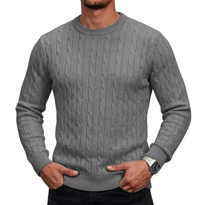 Herren Zopfmuster Pullover Rundhals Langarm Strickpullover Rippbündchen Slim Fit