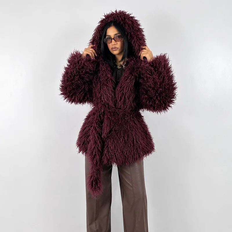 Damen Shaggy Kunstfell Jacke mit Kapuze und Bindegürtel, Langärmelig, Kurz geschnitten