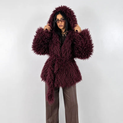 Damen Shaggy Kunstfell Jacke mit Kapuze und Bindegürtel, Langärmelig, Kurz geschnitten