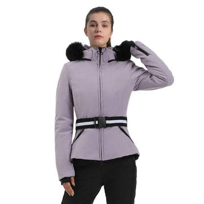 Damen Skijacke mit Kunstfellkapuze & Gürtel, Schwarz-Beige Hahnentritt