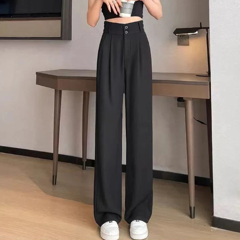 Damen High-Waist Stoffhose mit weitem Bein – Pleat Design